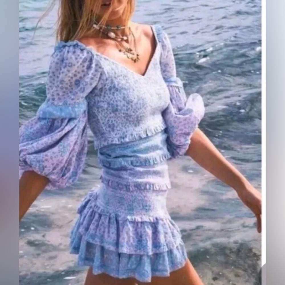 Yvonne & Love Boho Mini Party Dress Shoulder Balloon Sleeve Tiered Ruffle Size S